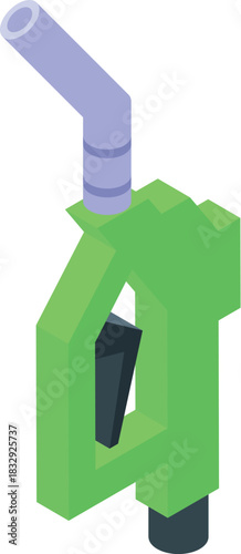 Green gasoline nozzle ready for refueling a vehicle at a gas station, shown in isometric view