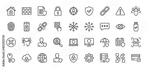 Cyber security line icon set. Vector pictograms of shield, padlock, firewall, fingerprint, password, cloud, antivirus, encryption, thin linear illustration.