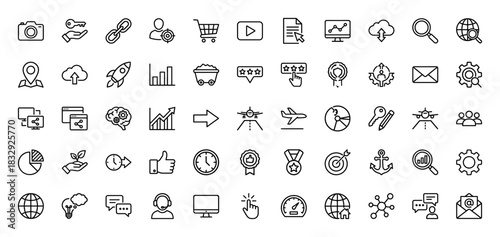 Business and technology line icon set. Vector pictograms of commerce, management, finance, data analysis, and communication, thin linear illustration.