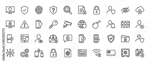 Cyber security and data protection line icon set. Vector pictograms of lock, shield, firewall, fingerprint, and key, thin linear illustration.