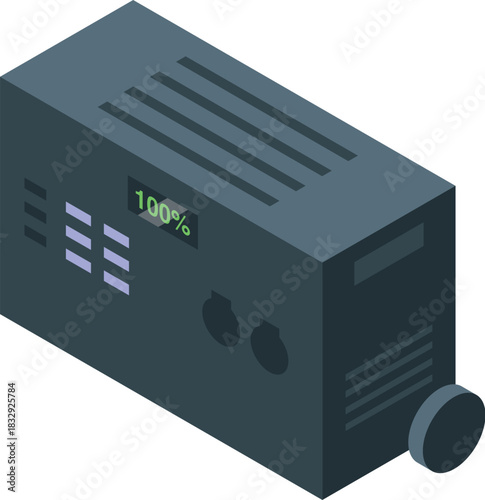 Portable power generator with digital display showing 100 percent charge, providing backup electricity during power outages