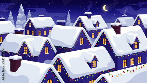 Charming vector illustration of a peaceful winter village at night, with cozy houses blanketed in snow and twinkling festive lights, creating a magical holiday atmosphere