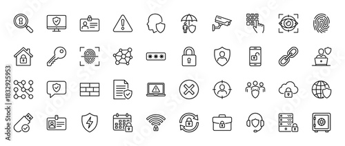 Cyber security line icon set. Vector pictograms of shield, padlock, fingerprint, password, camera, firewall, key, cloud, safe and network, thin linear illustration.