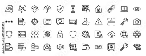 Cybersecurity and data protection line icon set. Vector pictograms of shield, lock, key, password, and firewall, thin linear illustration.