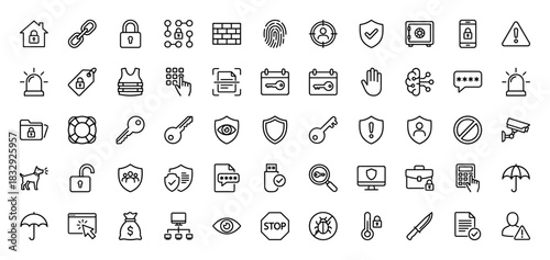 Security and cyber defense line icon set. Vector pictograms of shield, padlock, key, firewall, and data encryption, thin linear illustration.