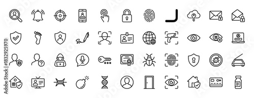 Cybersecurity line icon set. vector pictograms of padlock, fingerprint, key, shield, and password, thin linear illustration.