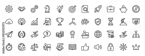 Business and management line icon set. Vector pictograms of settings, graph, handshake, briefcase, brain, and target, thin linear illustration.