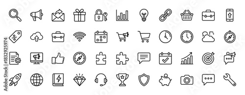 Business and marketing line icon set. Vector pictograms of megaphone, lightbulb, chart, gift box, compass, thin linear illustration.