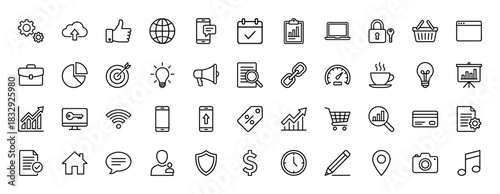 Business and finance line icon set. Vector pictograms of chart, smartphone, gear, laptop, cart, money, cloud, lock, bulb, target, thin linear illustration.