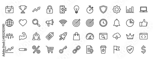 Business and finance line icon set. Vector pictograms of clock, shield, chart, shopping cart, and light bulb, thin linear illustration.