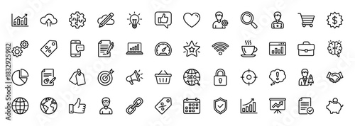 Business and marketing line icon set. Vector pictograms of rocket, gear, target, puzzle, cart, handshake, bulb, bank and chart, thin linear illustration.