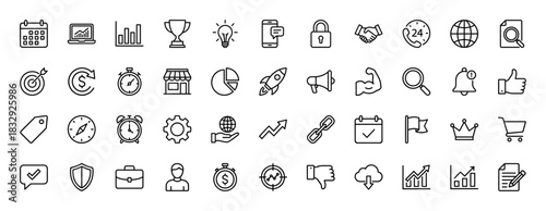 Business and marketing line icon set. Vector pictograms of chart, laptop, calendar, trophy, rocket, target, handshake, megaphone, money and gear, thin linear illustration.