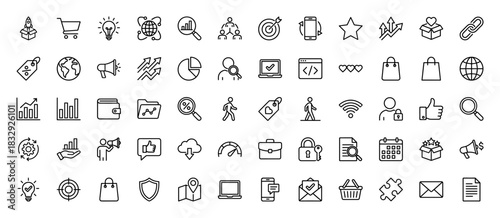 Seo, marketing and business line icon set. Vector pictograms of rocket, target, megaphone, chart, wallet, shield, globe, puzzle and mail, thin linear illustration.