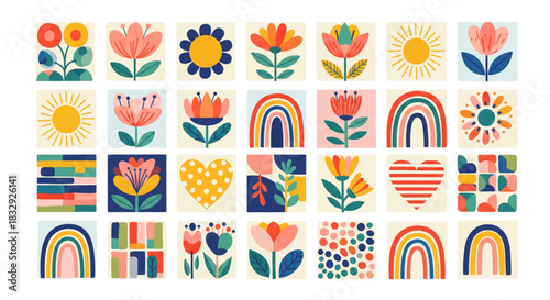 Boho Floral Rainbow Icons Set for Spring Summer Textile Print Web Design Product Packaging