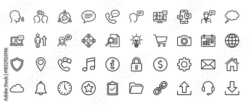 Communication and technology line icon set. Vector pictograms of chat, phone, calendar, shopping, and security, thin linear illustration.