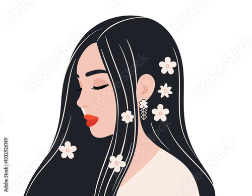Modern Vector Illustration of a Woman with Closed Eyes and Long Dark Hair Adorned with Delicate White Flowers Against a Black Background