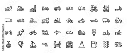 Transportation and logistics line icon set. Vector pictograms of dump truck, bicycle, forklift, train, plane, and sailboat, thin linear illustration.