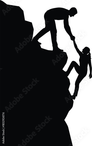 Black Silhouette Vector of Man Helping Woman Climbing Steep Rock Teamwork Concept