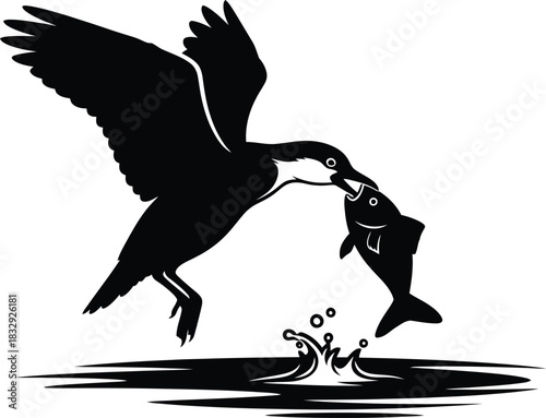 Diving Bird Catching Fish Silhouette Vector Illustration