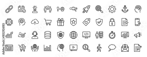 Business and digital marketing line icon set. Vector pictograms of settings, statistics, data, security, e-commerce, and development, thin linear illustration.