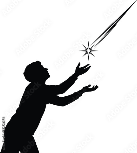 Silhouette of Man Reaching for Shooting Star Vector Illustration Hope Opportunity and Dreams Concept
