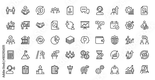 Business and management line icon set. Vector pictograms of handshake, report, chart, team, and success, thin linear illustration.