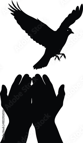 Black silhouette of bird flying from cupped hands representing freedom and release
