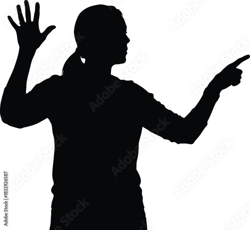 Black Silhouette of Woman Pointing and Signaling Stop Vector Graphic