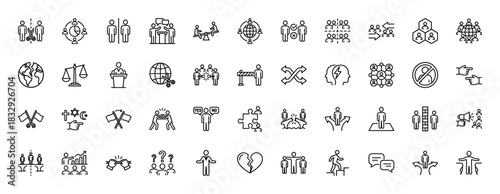 Diversity and inclusion line icon set. Vector pictograms of teamwork, conflict, gender, equality, and global issues, thin linear illustration.
