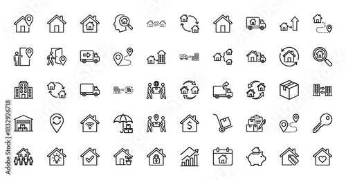 Real estate line icon set. Vector pictograms of house, truck, location, savings, sold, and calendar, thin linear illustration.