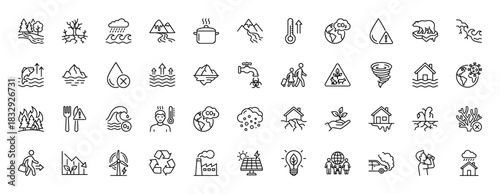 Climate change and global warming line icon set. vector pictograms of drought, pollution, flood, melting ice, and renewable energy, thin linear illustration.