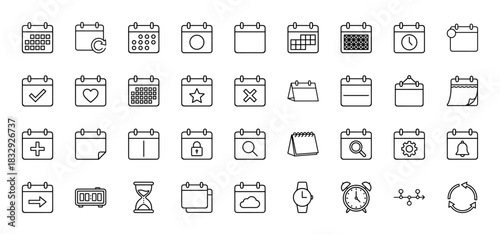 Time and date management line icon set. Vector pictograms of calendar, clock, alarm, deadline, and planning, thin linear illustration.