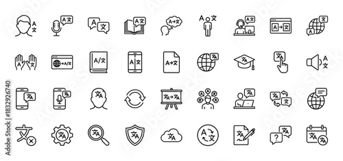 Translation and interpreter line icon set. Vector pictograms of language exchange, dictionary, communication, and learning, thin linear illustration.