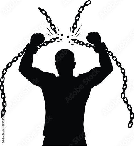 Powerful Man Breaking Chains Overcoming Obstacles Silhouette Vector Icon