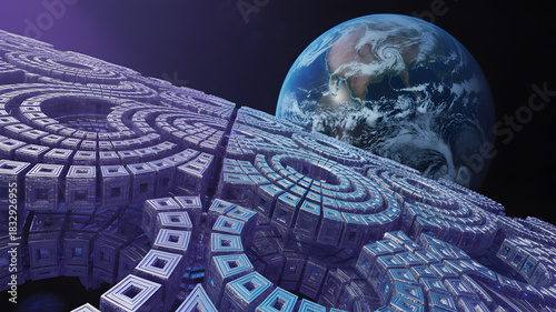 Fototapeta Naklejka Na Ścianę i Meble -  Abstract futuristic space station near planet Earth in deep dark space.