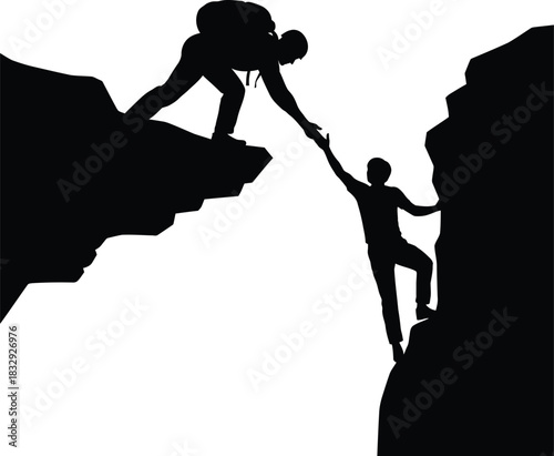Teamwork silhouette vector of two men helping each other climb a cliff or rock face in black and white