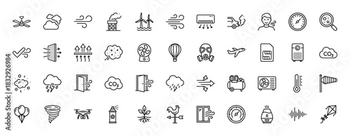 Air and atmosphere line icon set. Vector pictograms of wind, pollution, fan, conditioner, filter, co2, weather, mask, ventilation, thin linear illustration.