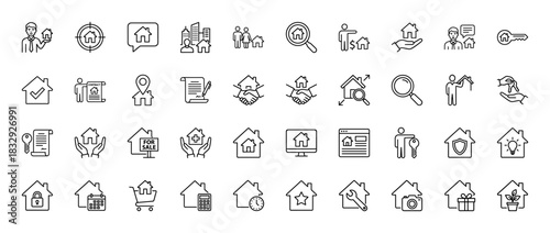 Real estate line icon set. Vector pictograms of house search, agent, contract, handshake, and keys, thin linear illustration.
