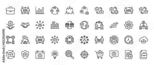 Business and corporate services line icon set. Vector pictograms of briefcase exchange, collaboration, and office workflow, thin linear illustration.