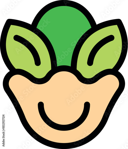 Cartoon face with green leaves growing from the top, representing nature, happiness, and well being