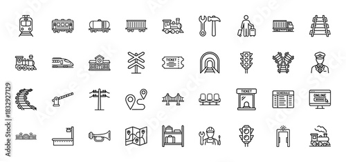 Rail transport line icon set. vector pictograms of train, wagon, passenger, track, schedule, and ticket, thin linear illustration.