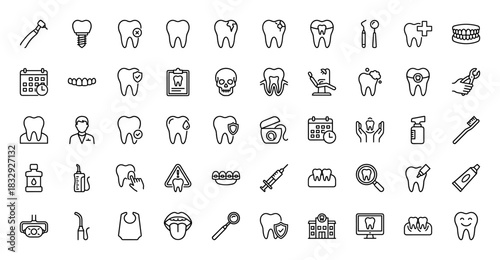 Dental medicine and orthodontics line icon set. Vector pictograms of tooth, implant, braces, chair, and instruments, thin linear illustration.