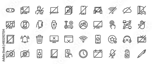 Digital detox line icon set. Vector pictograms of prohibited smartphone, laptop, wifi, camera, gaming and forbidden internet access symbols, thin linear illustration.