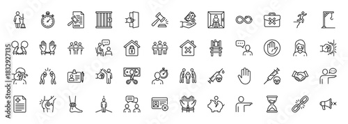 Justice and crime line icon set. Vector pictograms of gavel, handcuffs, prison, violence, arrest, victim, and money, thin linear illustration.