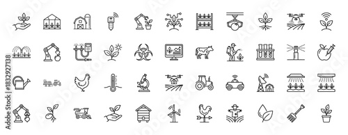Smart agriculture and farming line icon set. Vector pictograms of robotics, drone, plants, tractor, and renewable energy, thin linear illustration.