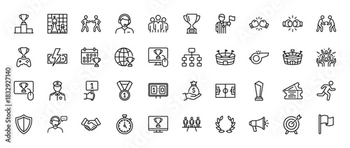 Sport and competition line icon set. Vector pictograms of trophy, medal, stadium, stopwatch, and referee, thin linear illustration.