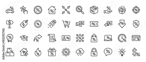 Discount and finance line icon set. Vector pictograms of sale tag, mortgage, car loan, coupon, cart, interest rate, credit card, piggy bank. Thin linear illustration.