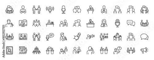 Communication and public speaking line icon set. Vector pictograms of audience, conference, negotiation, presenter, interview, and debate, thin linear illustration.