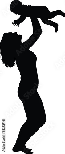 Mother lifting baby high in air silhouette vector illustration of joyful family bonding and parenthood