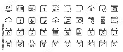 Planning and time management line icon set. Vector pictograms of calendar, schedule, clock, reminders, and events, thin linear illustration.